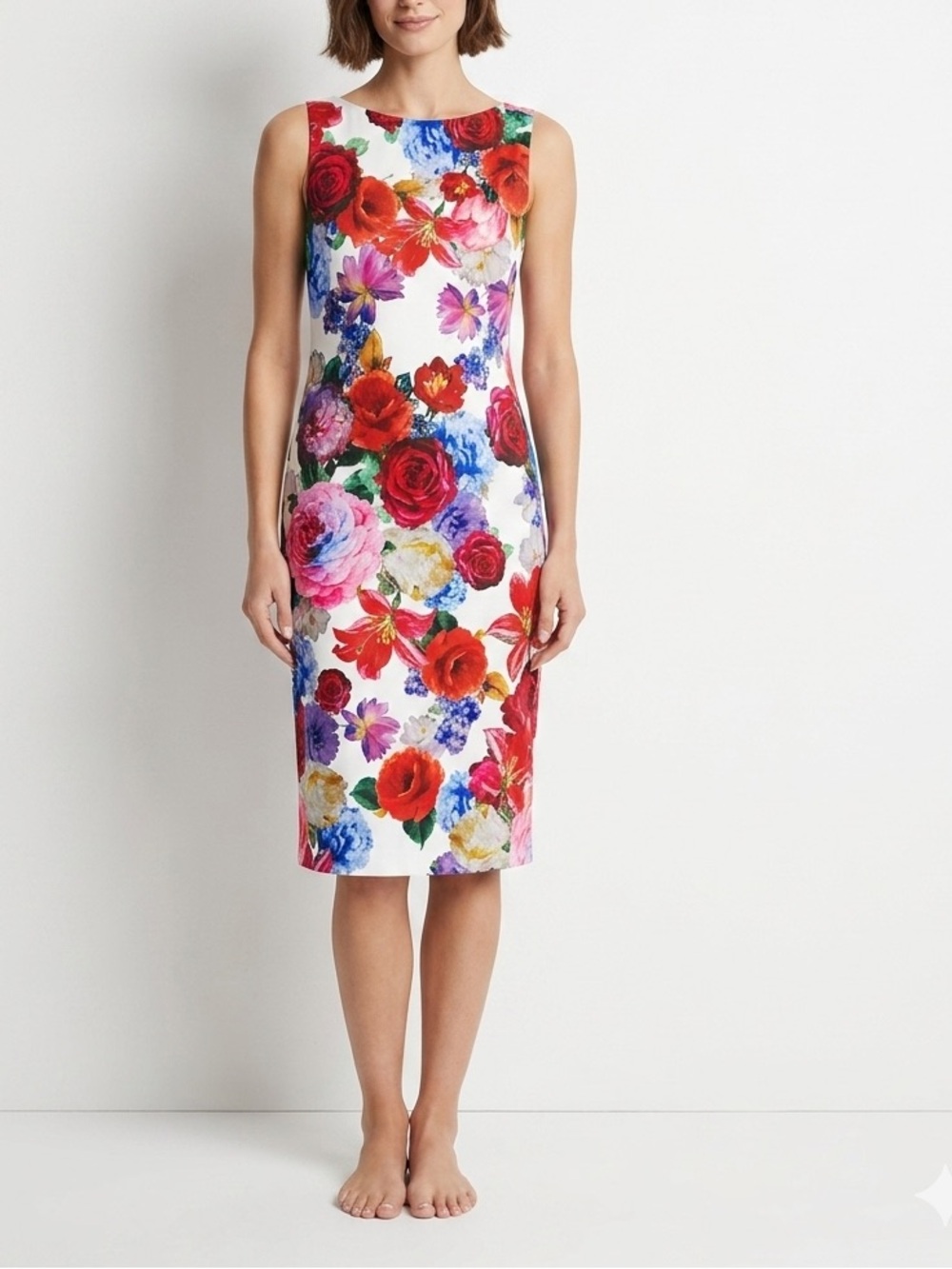 Premier White Midi Dress with Red, Pink, Blue & Green Floral Print